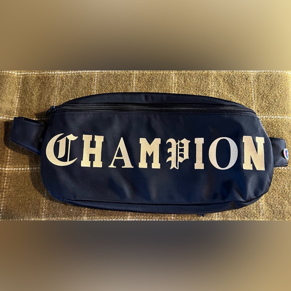 Champion Oversized Fanny Pack Black Gold Font Waist Belt Sling Bag C Logo